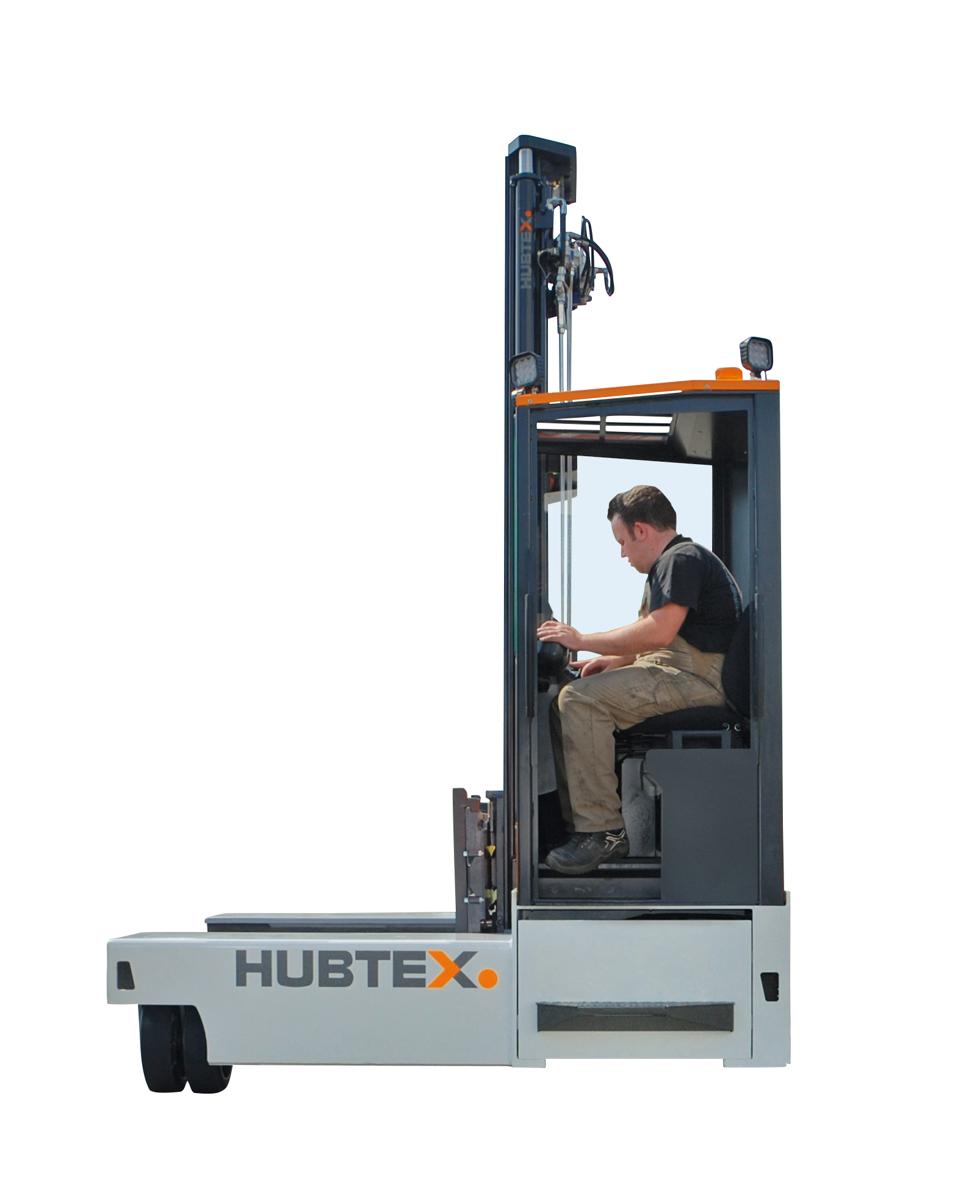 Die Quersitzkabine des HUBTEX BasiX Mehrwege-Seitenstaplers