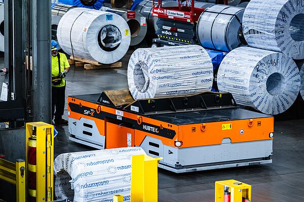 Hubtex SFX 40 heavy-duty platform transports a coil at Ryerson