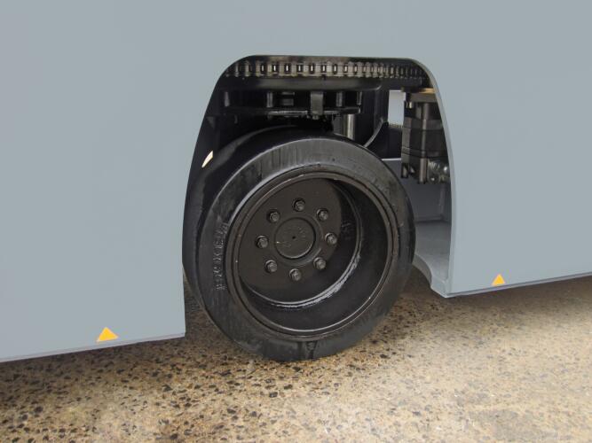 The chassis of the HUBTEX BasiX multidirectional sideloader in close-up