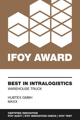 Certificado "Best in Intralogistics" del IFOY Award por la carretilla elevadora multidireccional eléctrica de carga lateral MaxX de HUBTEX