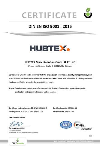 Certificate DIN EN ISO 9001 : 2015 from Hubtex