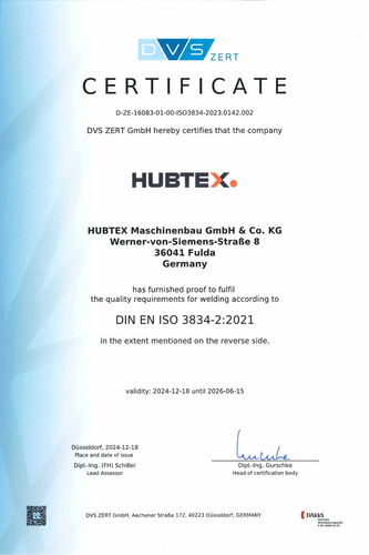 Hubtex certificate DIN EN ISO 3834-2:2021: 12/24-06/26