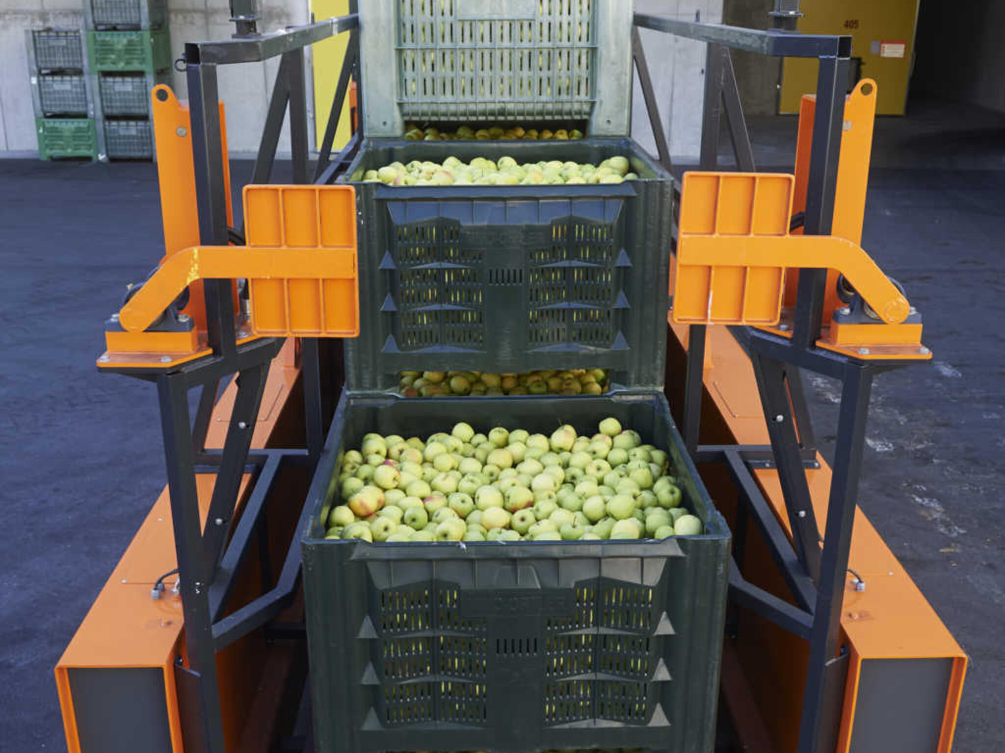 HUBTEX Sondergerät transportiert Apfelkisten in Obstgenossenschaft