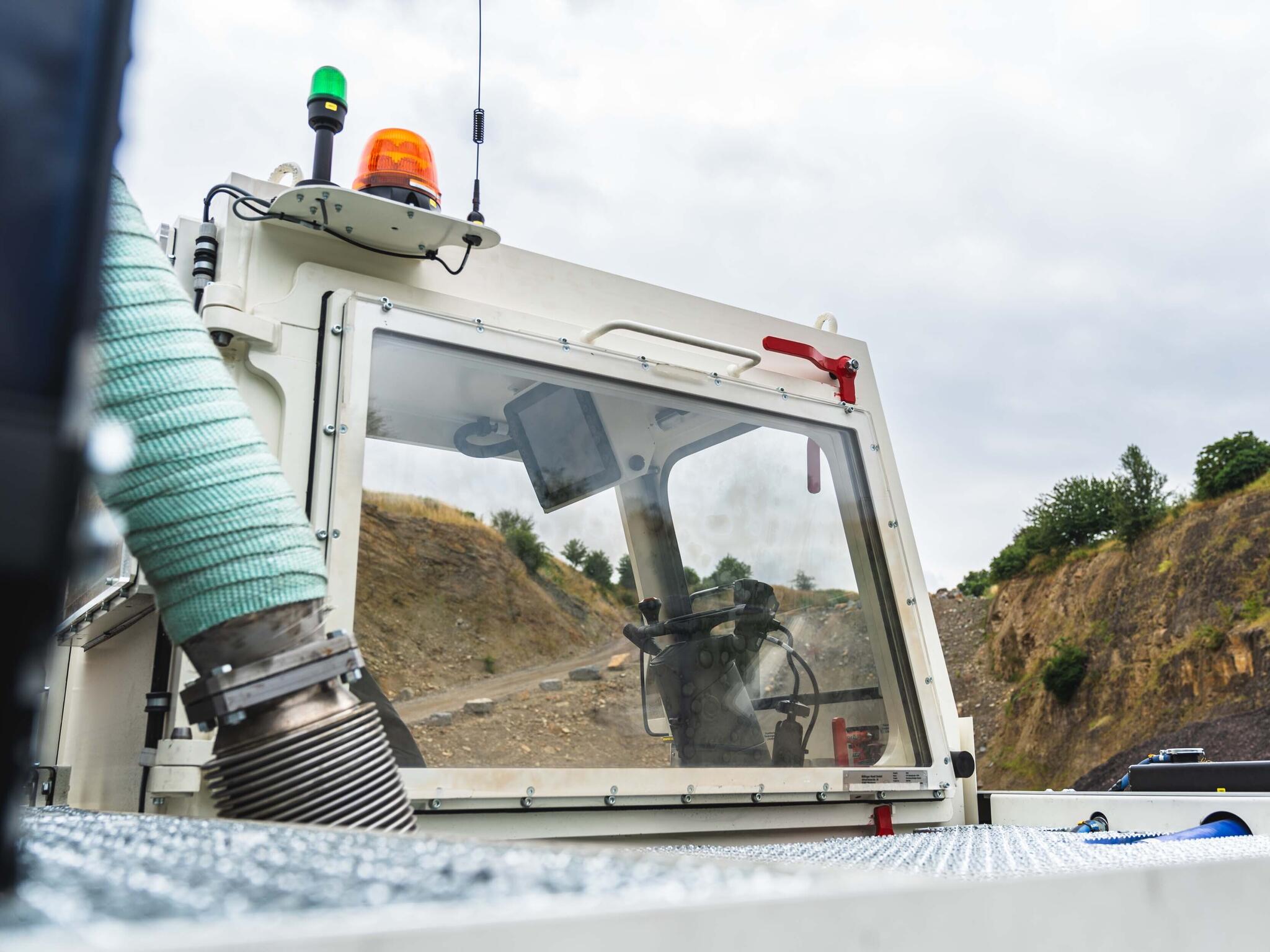 The elevated cabin of the HUBTEX Underground Backfill Transport Vehicle VTF