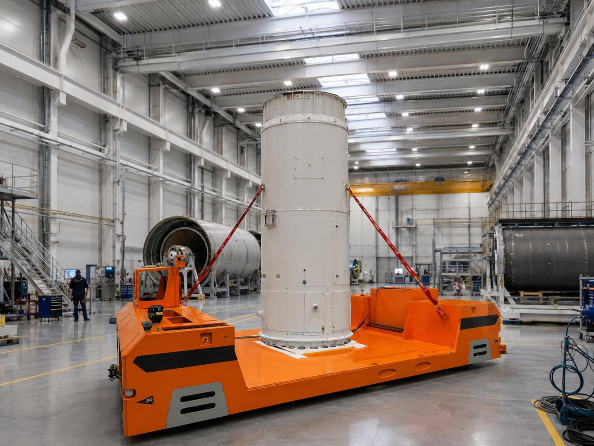 HUBTEX Schwerlast Plattformtransporter SFX transportiert Rakete in Raumfahrtproduktion