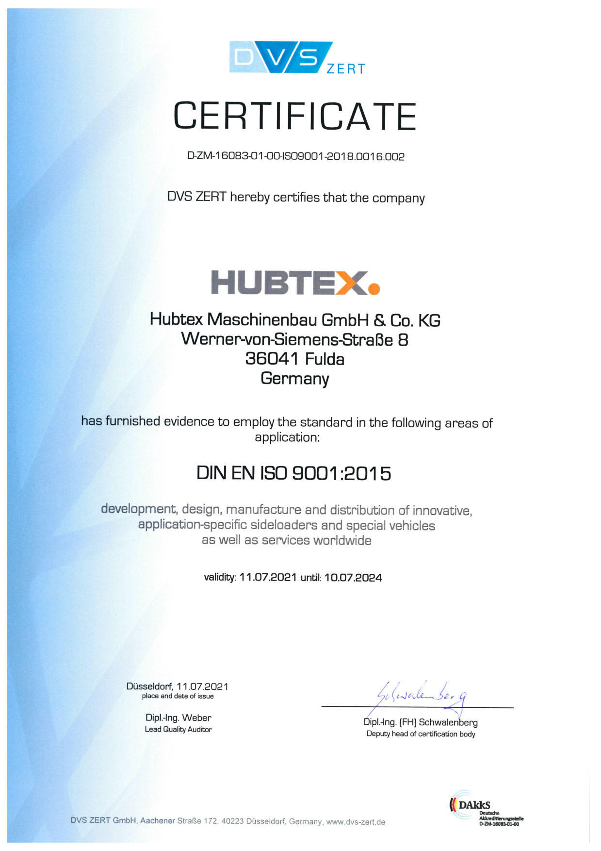 ISO Certification 9001_2015 from HUBTEX