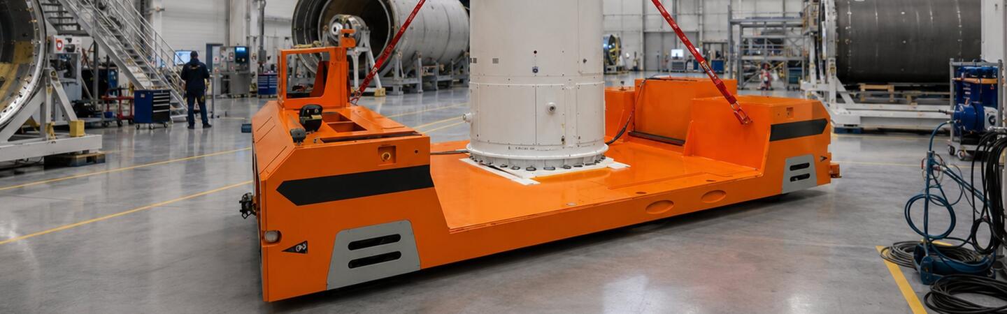 HUBTEX Schwerlast Plattformtransporter SFX transportiert Rakete in Raumfahrtproduktion